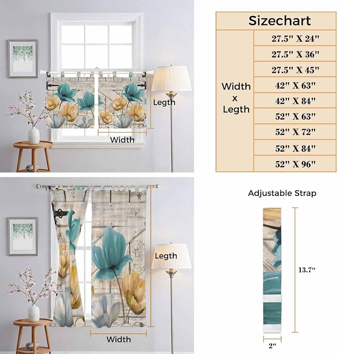 Watercolor Flowers Kitchen Curtains 24 Inch Length, Small Window Curtains Tab - Image 8