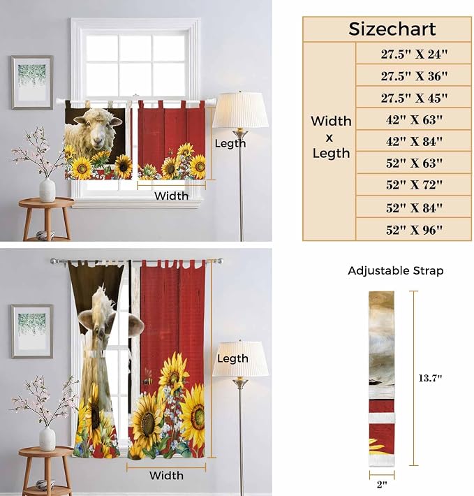 Sheep Flowers Bathroom Curtains 63 Inch Length, Window Curtains Tab Top - Image 8
