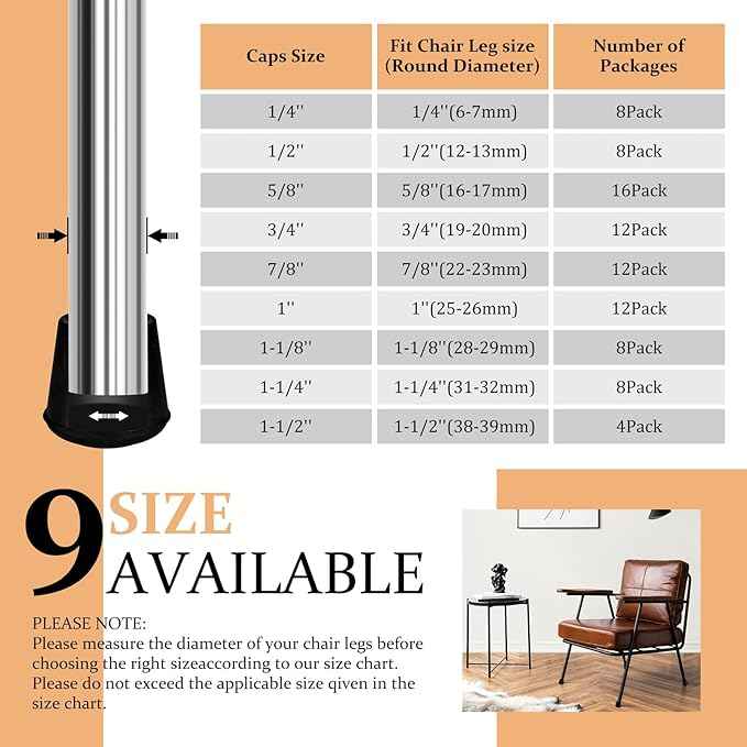 1-1/2” Round Rubber Chair Leg Tips Caps, Chair Leg Floor Protectors, Non-Slip