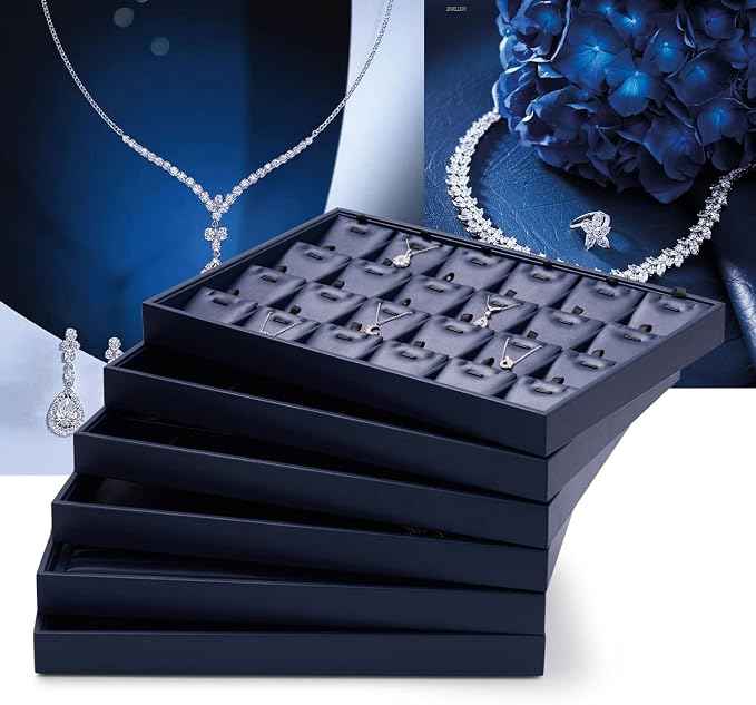 Oirlv Stackable Necklace Pendant Bracelet Organizer Tray Blue Leather Jewelry