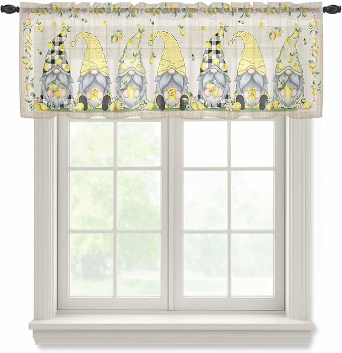 Rustic Lemon Gnomes Sheer Valance Curtains, Summer Fruit Leaves Retro Linen by Houseown