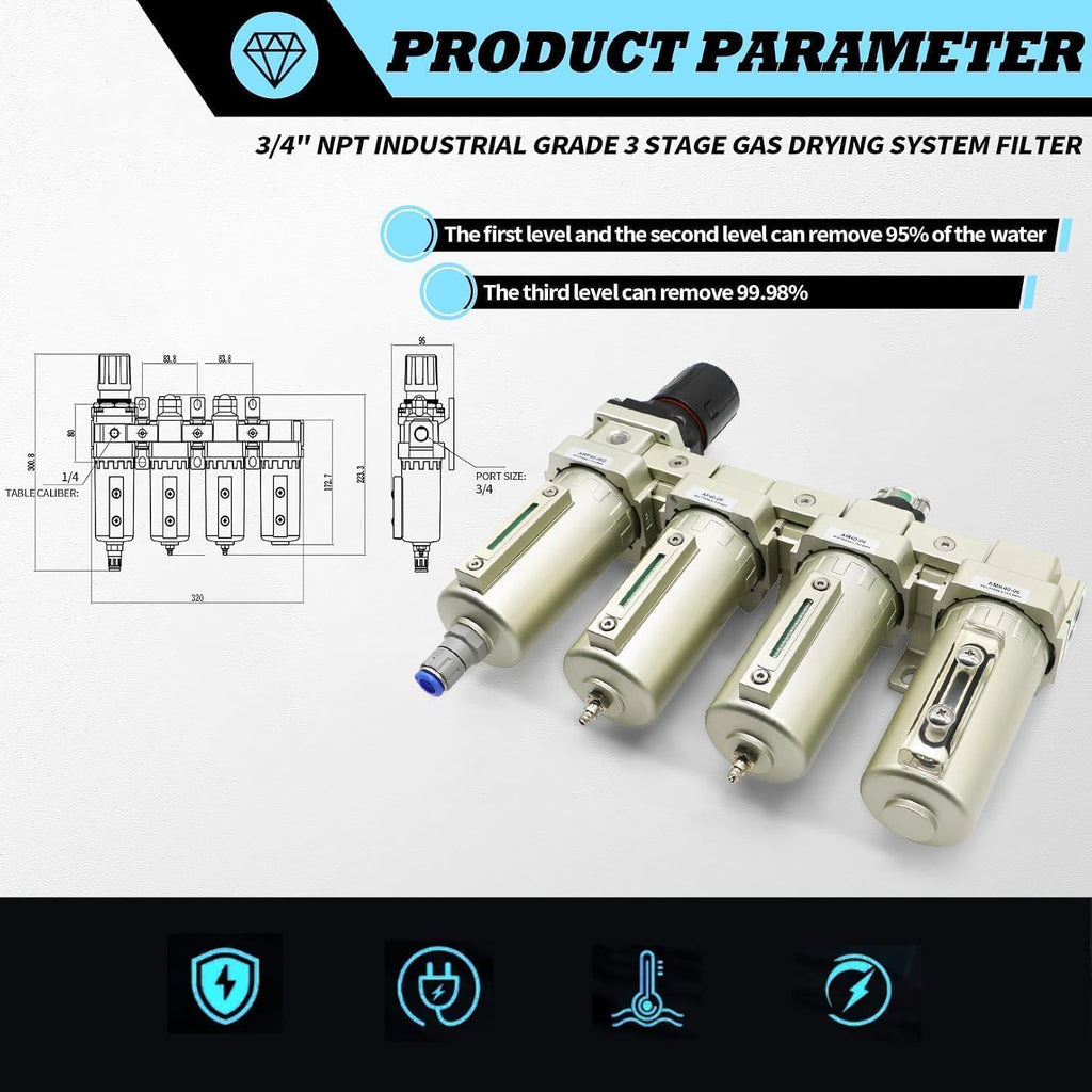 3/4" NPT Industrial Grade 4 Stage Gas Drying System Auto Drain