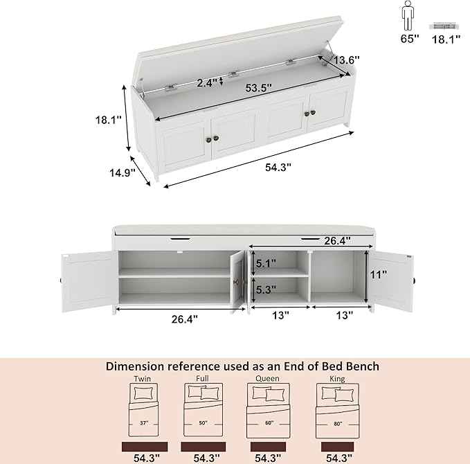 HOMEFORT 54.4" Shoe Bench with Lift Top Storage, Entryway Bench with Cushioned