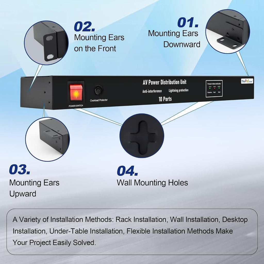 1U Horizontal PDU 19" Rack Mount Power Strip - Surge Protector