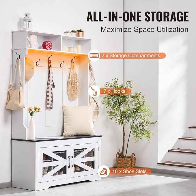 VEVOR Hall Tree Entryway Bench, LED Coat Rack