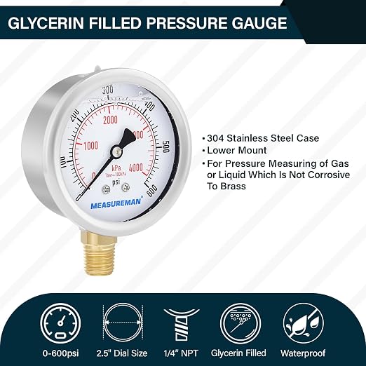 MEASUREMAN 2-1/2inch Dial Size, Oil Filled Pressure Gauge, 0-600psi/4000kpa - Image 2