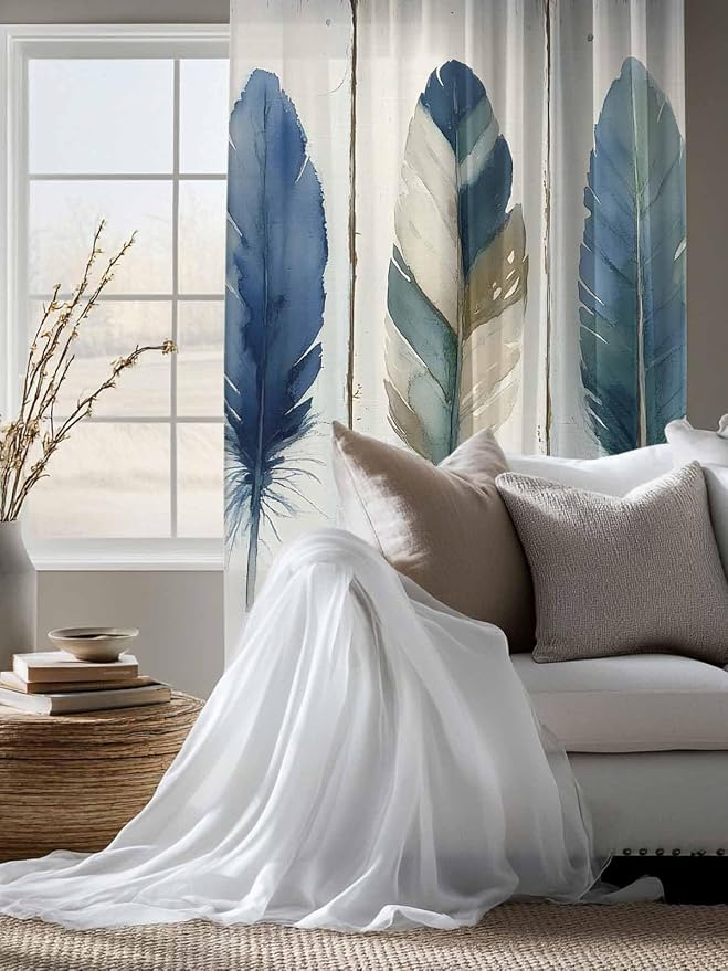 Sheer Curtains 63 Inch Length, Boho Blue Feathers Semi Sheer Curtains Light - Image 4