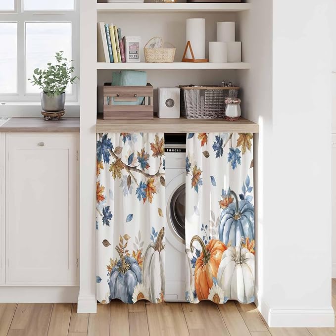 Navy Blue Pumpkin Fall Kitchen Tier Curtains 45 Inch Long 2 Panel Set, Rod - Image 7