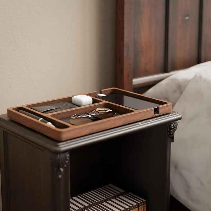 Wooden Valet Tray with Leather Inlay, Compartment Nightstand Catch All Organizer