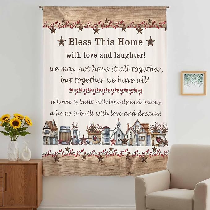 Farmhouse Sheer Curtains 54 Inch Length Country Star Barn Berry Brown Wood - Image 5
