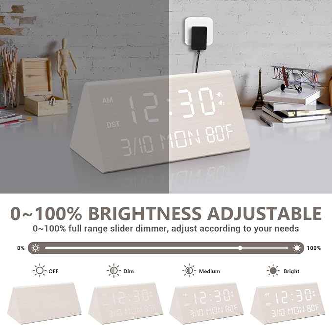 Kogonee Wooden Digital Alarm Clock, 0-100% Dimmer, 2 Alarm Settings,