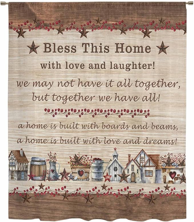 Farmhouse Sheer Curtains 96 Inch Length Brown Country Star Berry Vintage Wood - Image 6