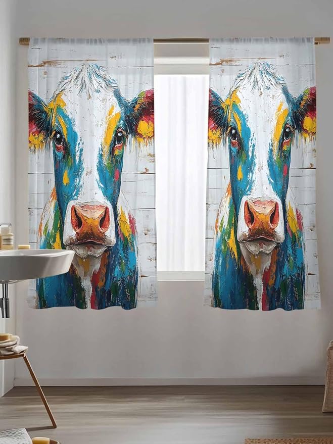 Sheer Curtains 63 Inch Length, Rustic Cow Semi Sheer Curtains Light Filtering - Image 5