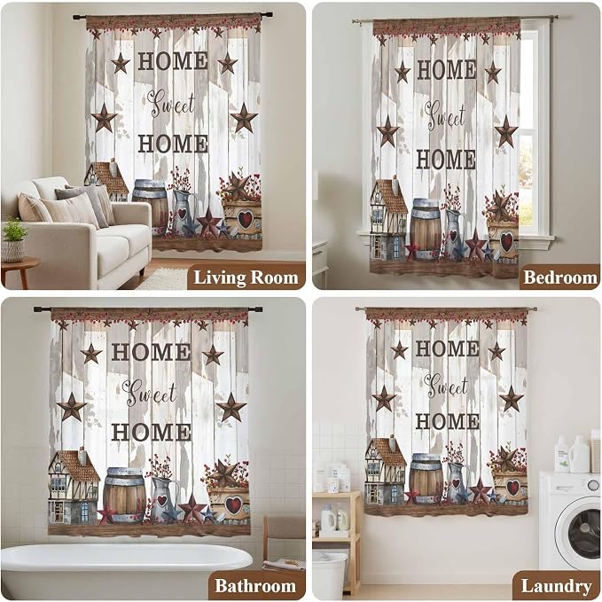 Farmhouse Sheer Curtains 72 Inch Length Retro Country Star Berry Vintage Wood - Image 7