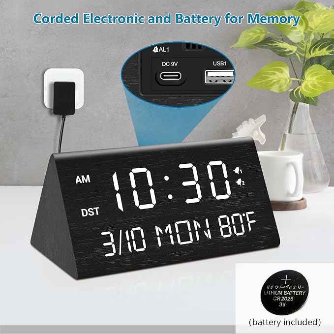 Kogonee Wooden Digital Alarm Clock, 0-100% Dimmer, 2 Alarm Settings,