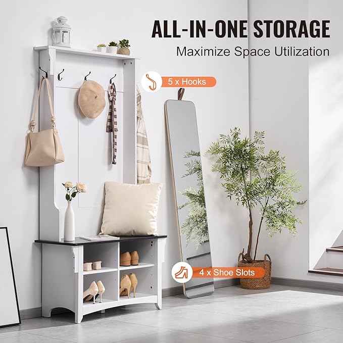 VEVOR Hall Tree Entryway Bench, Coat Rack