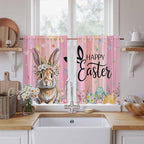 Easter Tier Curtains, Spring Rabbit Eggs Flowers Flags Leaves Wood Grain Light - Image 2