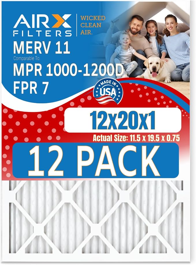12x20x1 Air Filter MERV 11 Rating, 12 Pack of Furnace Filters Comparable to MPR by AIRXFILTERSWICKEDCLEANAIR