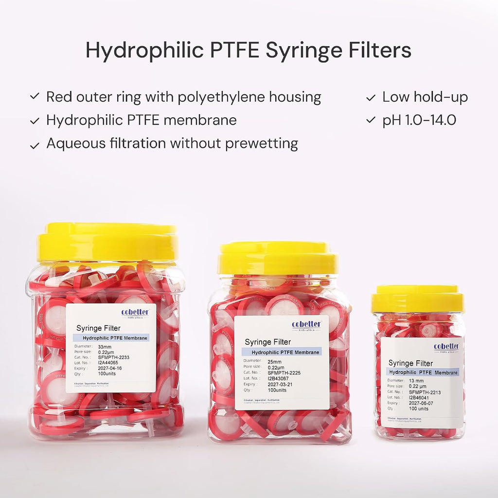 Syringe Filter Hydrophilic PTFE, 0.22μm 13mm, Non-sterile, PK of 100