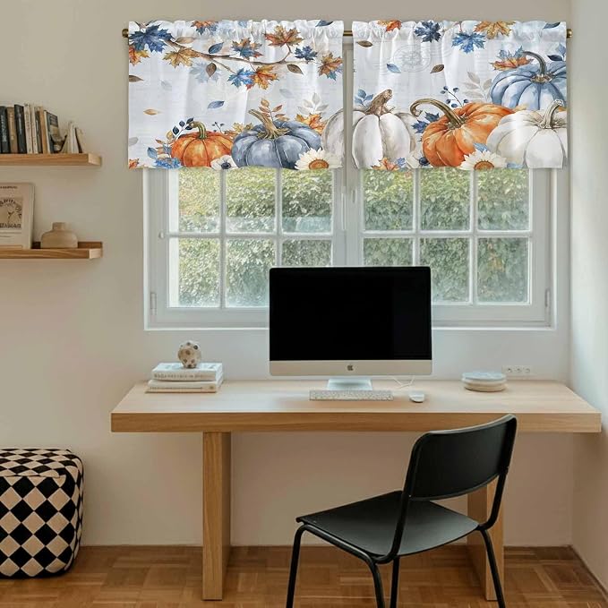 Fall Blue Maple Kitchen Tier Curtains 36 Inch Long 2 Panel Set, Rod Pocket Half - Image 6