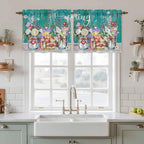 Spring Flowers Tier Curtains, Farmhouse Watercolor Teal Wood Grain Light - Image 2