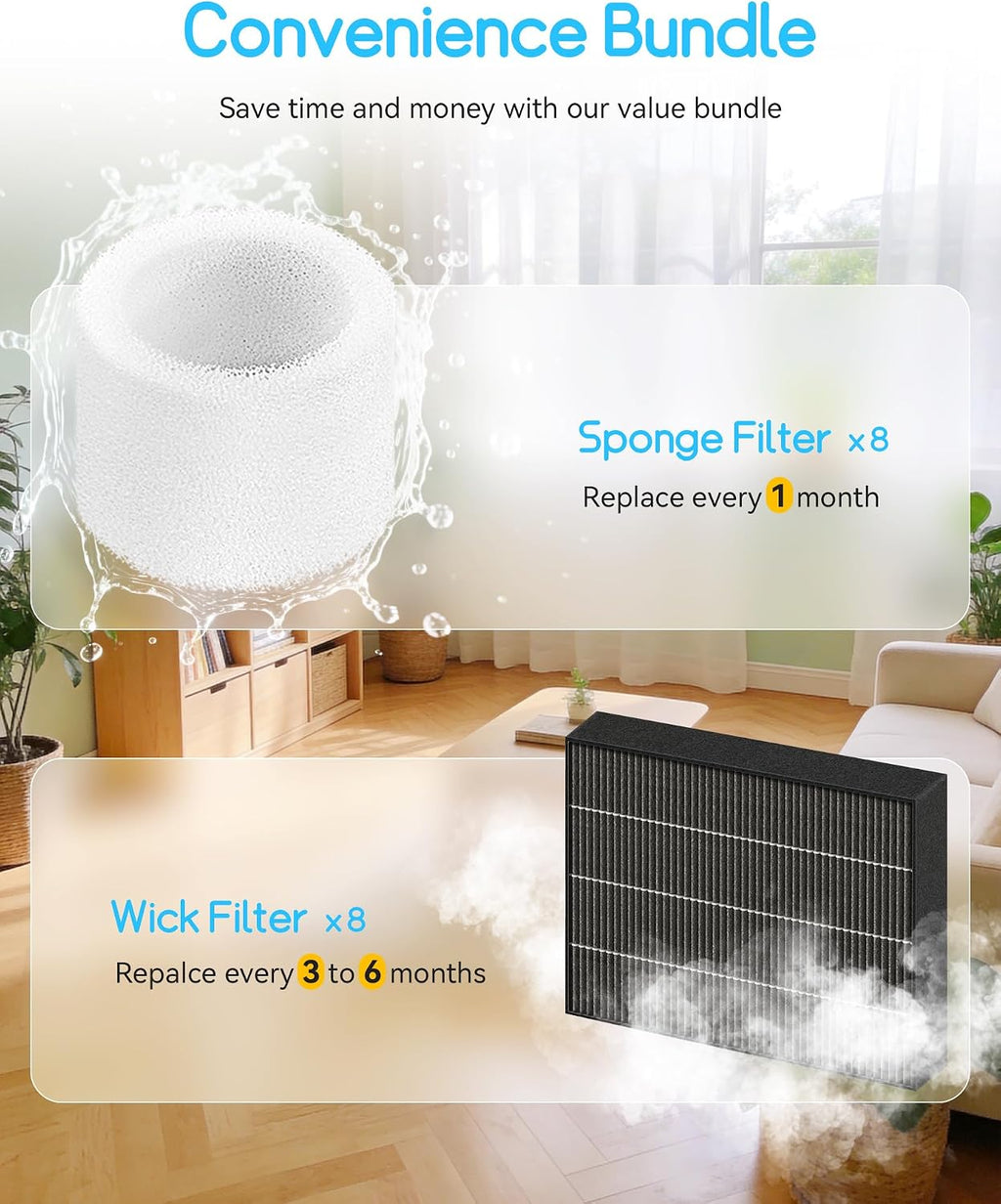 6000S Humidifier Filter Replacement for LEVOIT, 8 Gray Wick + 8 Sponge