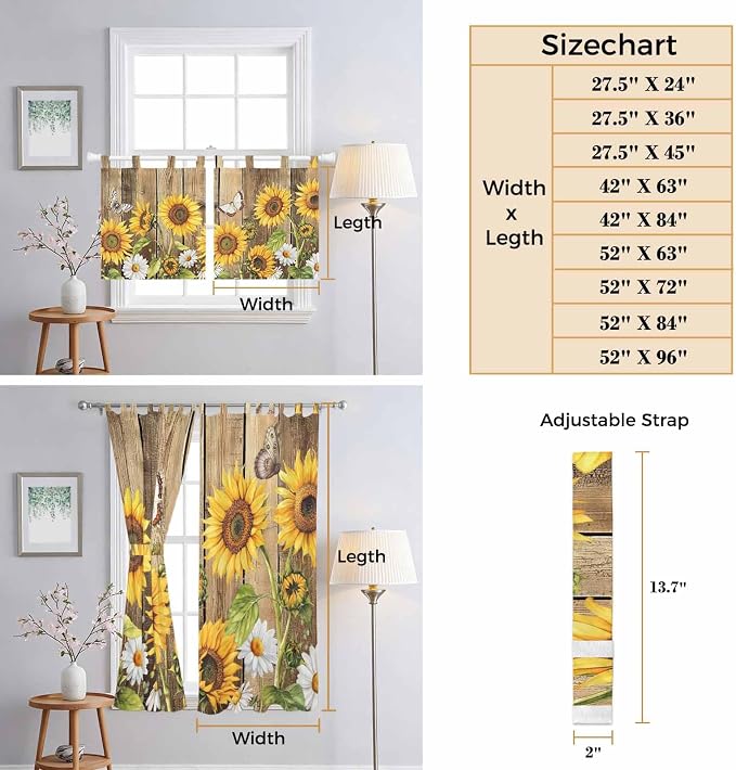 Farmhouse Sunflowers Bathroom Curtains 63 Inch Length, Window Curtains Tab Top - Image 8