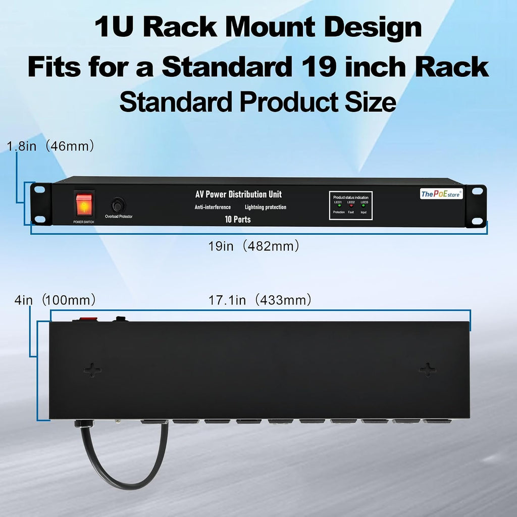 1U Horizontal PDU 19" Rack Mount Power Strip - Surge Protector