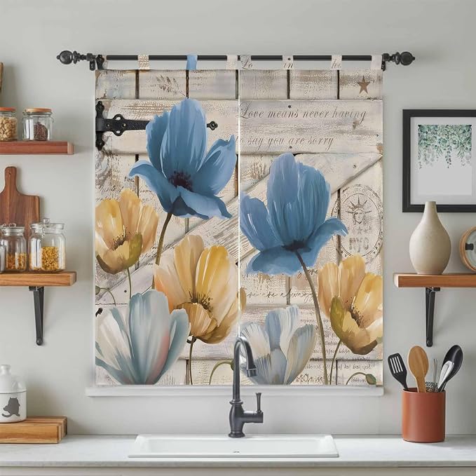 Blue Yellow Tulips Living Room Curtains 84 Inch Length, Window Curtains Tab Top - Image 3