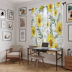Yellow Daisy Kitchen Curtains, Farmhouse Country Flower Leaf Plant Wood Grain - Image 6