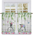 Spring Tier Curtains, Bicycles Botanical Rose Leaves Butterfly Wood Grain Light by Unknown