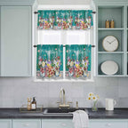 Spring Flowers Kitchen Curtain Set, Farmhouse Watercolor Teal Wood Grain Window - Image 9