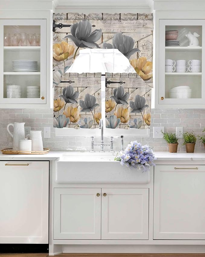 Vintage Tulip Swag Kitchen Curtains Valance and Tier Set, Farmhouse Retro Blue - Image 4