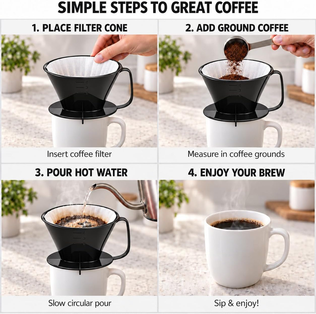 Fino Pour-Over Coffee Brewing Filter Cone, Number 4-Size, Black, Brews