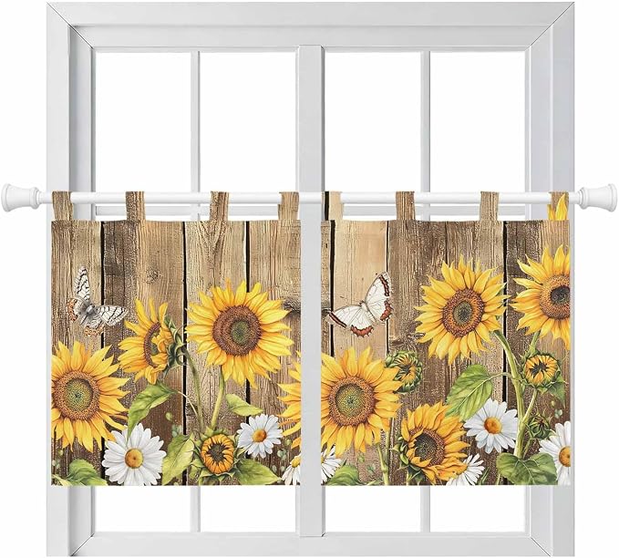 Farmhouse Sunflowers Kitchen Curtains 36 Inch Length, Small Window Curtains Tab by Unknown