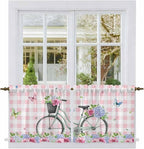 Spring Tier Curtains, Bicycles Leaves Butterfly Flowers Pink Buffalo Plaid by Unknown