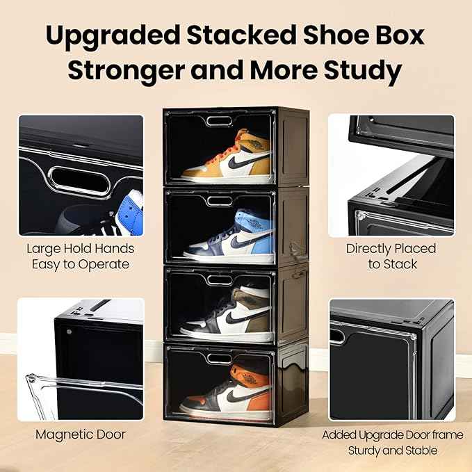 8 Pack Shoe Boxes Black Plastic Stackable, Large Shoe Storage Organizer