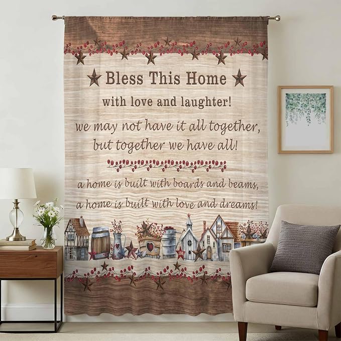 Farmhouse Sheer Curtains 63 Inch Length Brown Country Star Berry Vintage Wood - Image 3