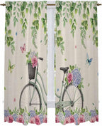 Farmhouse Spring Kitchen Curtains, Retro Bicycles Flowers Vines Butterfly Light by Unknown