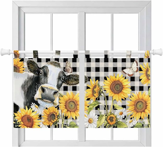 Retro Sunflowers Kitchen Curtains 24 Inch Length, Small Window Curtains Tab Top by Unknown
