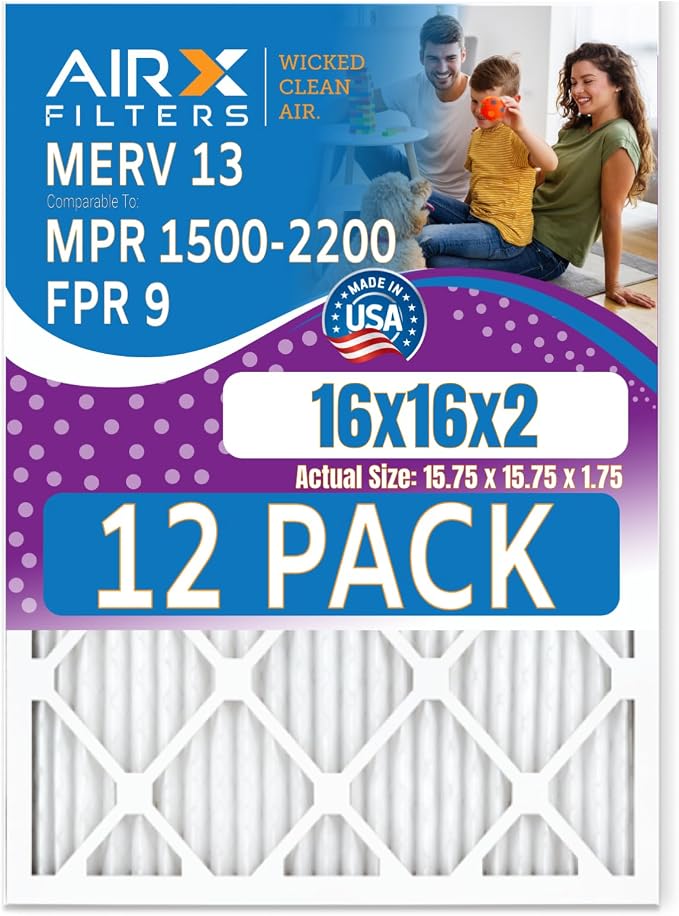 16x16x2 Air Filter MERV 13 Rating, 12 Pack of Furnace Filters Comparable to MPR by AIRXFILTERSWICKEDCLEANAIR