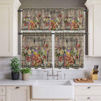 Spring Flowers Kitchen Curtain Set, Farmhouse Vintage Black Plaid Wood Grain - Image 3