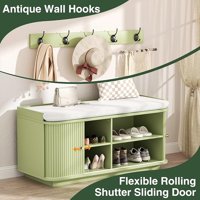 Hall Tree with Bench and Shoe Storage, Entryway Bench with Sliding Door Cabinet - Image 7