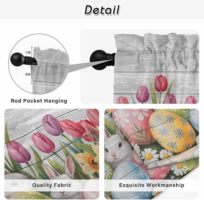 Easter Kitchen Curtains 45 Inch Long 2 Panel Set, Rod Pocket Window Treatment - Image 9