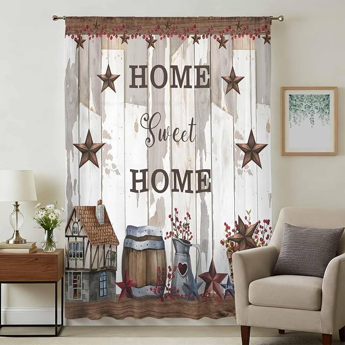 Farmhouse Sheer Curtains 108 Inch Length Retro Country Star Berry Vintage Wood - Image 3