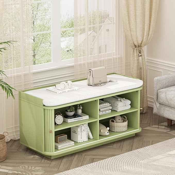 Hall Tree with Bench and Shoe Storage, Entryway Bench with Sliding Door Cabinet