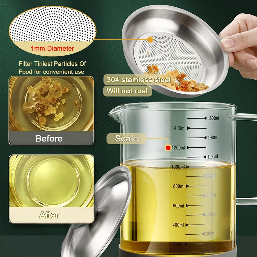 1L/35oz Glass Bacon Grease Container with Strainer, Cooking Oil