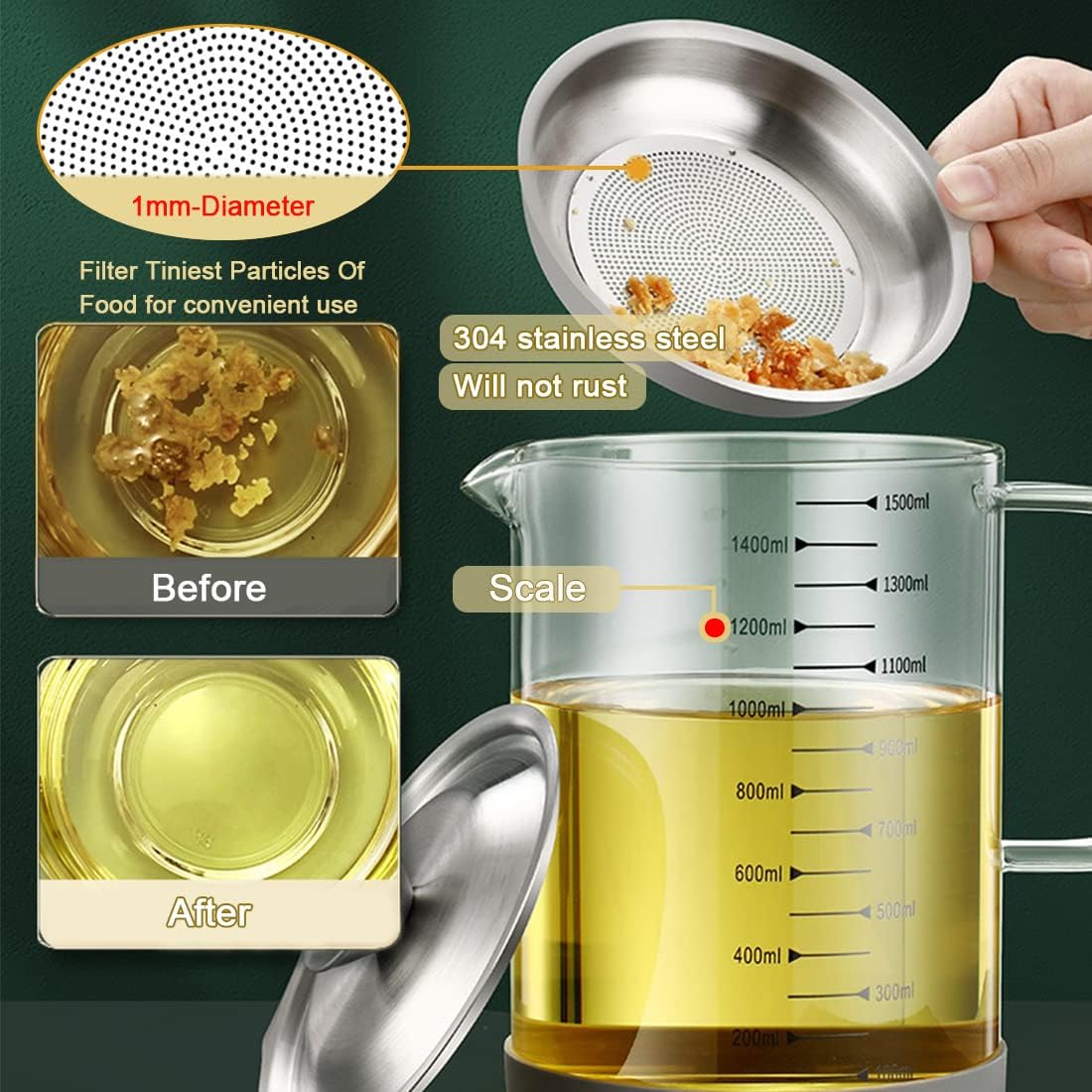1L/35oz Glass Bacon Grease Container with Strainer, Cooking Oil