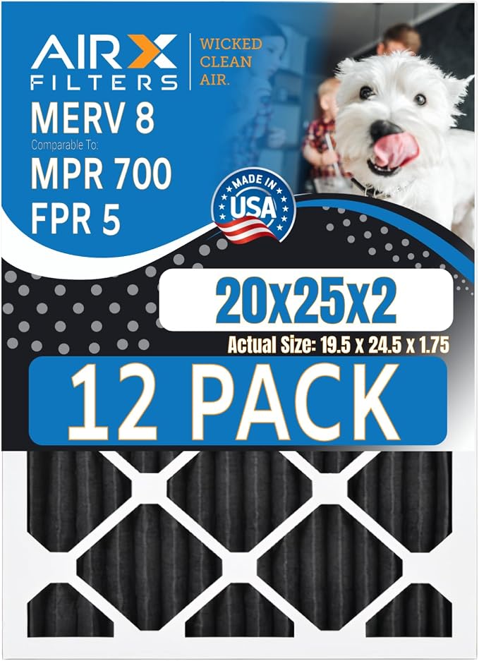 20x25x2 Air Filter MERV 8 Rating, 12 Pack of Furnace Filters Comparable to MPR by AIRXFILTERSWICKEDCLEANAIR