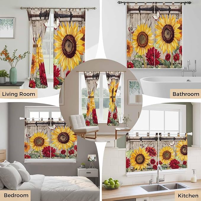 Sunflowers Bathroom Curtains 63 Inch Length, Window Curtains Tab Top, Retro - Image 7